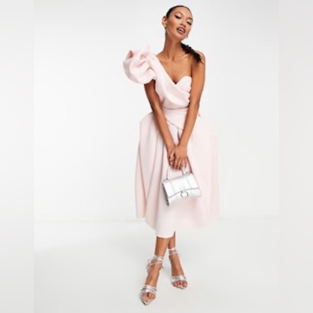 ASOS DESIGN one shoulder origami midi prom dress in blush,size 2